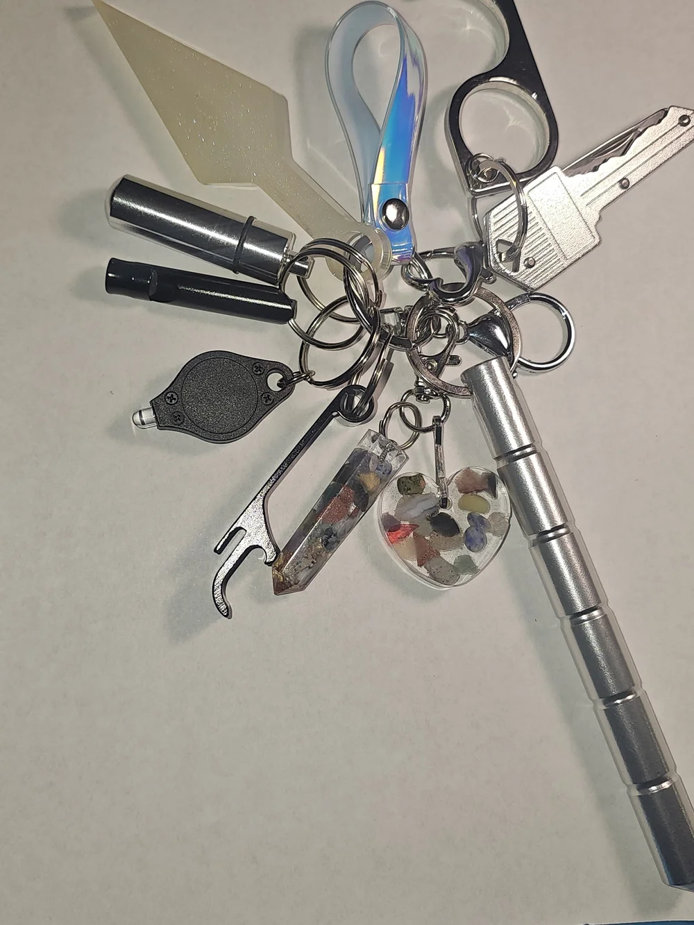 Multi-Tool Keychain Set Resin Heart Charm Filled With Chakra Chips